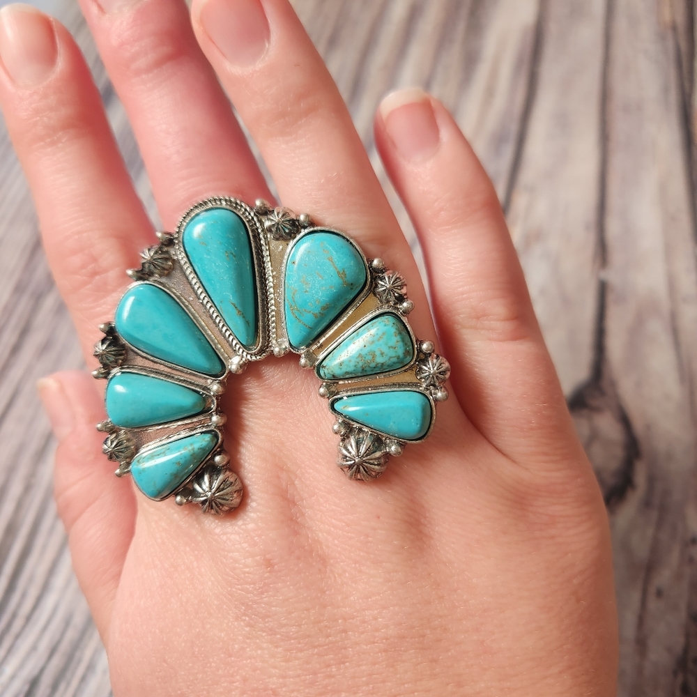Large Turquoise Aviana Silvertone Ring Western Statement Oversize Adjustable